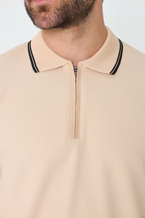 Bej Fermuarlı Erkek Polo Yaka Tişört