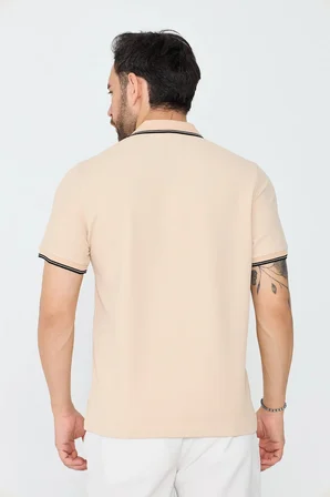 Bej Fermuarlı Erkek Polo Yaka Tişört