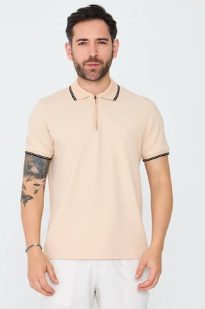 Bej Fermuarlı Erkek Polo Yaka Tişört