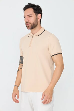 Bej Fermuarlı Erkek Polo Yaka Tişört
