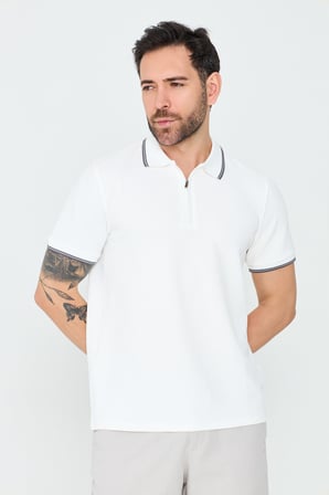 Beyaz Mikro Desenli Erkek Fermuarlı Polo Yaka Tişört