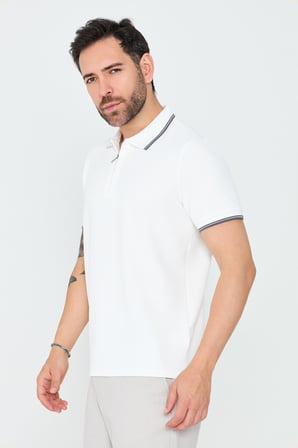 Beyaz Mikro Desenli Erkek Fermuarlı Polo Yaka Tişört