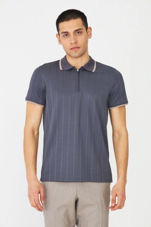 Gri Fermuarlı Polo Yaka Erkek T-Shirt