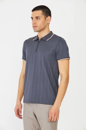 Gri Fermuarlı Polo Yaka Erkek T-Shirt