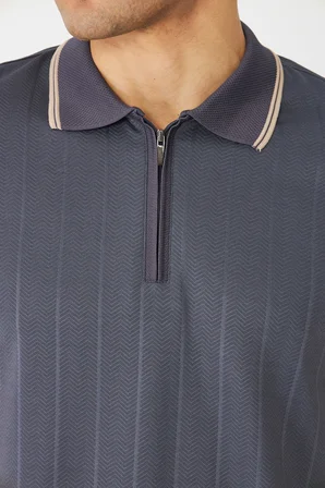 Gri Fermuarlı Polo Yaka Erkek T-Shirt