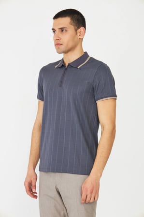 Gri Fermuarlı Polo Yaka Erkek T-Shirt