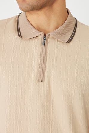 Bej Modern Kesim Fermuarlı Polo Yaka Erkek T-Shirt