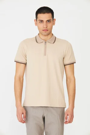 Bej Modern Kesim Fermuarlı Polo Yaka Erkek T-Shirt