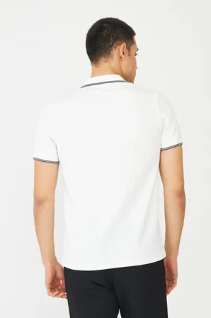 Beyaz Fermuarlı Polo Yaka Erkek T-Shirt