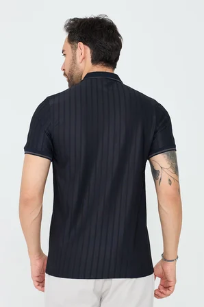 Lacivert Çizgili Fermuarlı Erkek Polo Yaka Tişört