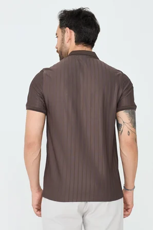 Kahverengi Çizgili Fermuarlı Erkek Polo Yaka Tişört