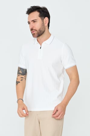Beyaz Fermuarlı Erkek Polo Yaka Tişört