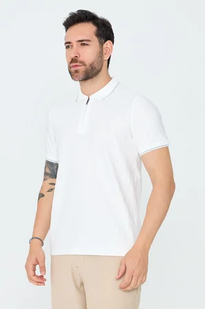 Beyaz Fermuarlı Erkek Polo Yaka Tişört