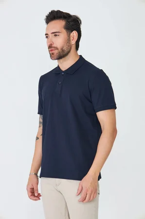 Lacivert Klasik Yaka Çift Düğmeli Polo Yaka T-shirt