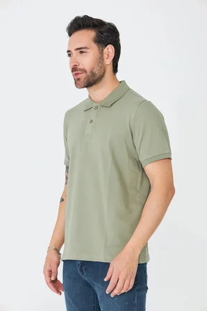 Haki Çift Düğmeli Klasik Polo Yaka T-shirt