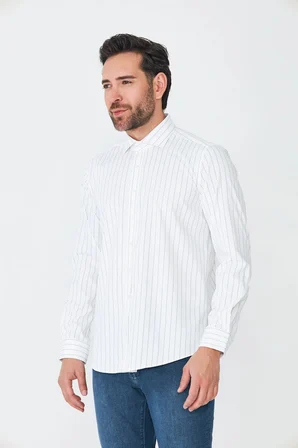 Beyaz Lacivert Çizgili Slim Fit Erkek Gömlek