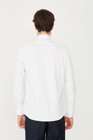 Beyaz Mavi Çizgili Uzun Kollu Gömlek Slim Fit