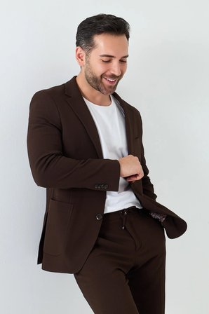 Kahverengi Mono Yaka 6 Drop Regular Fit Jogger Takım Elbise