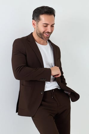 Kahverengi Mono Yaka 6 Drop Regular Fit Jogger Takım Elbise