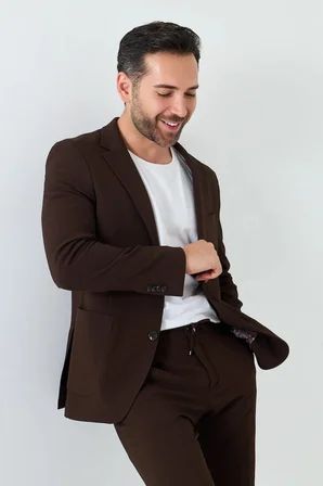 Kahverengi Mono Yaka 6 Drop Regular Fit Jogger Takım Elbise