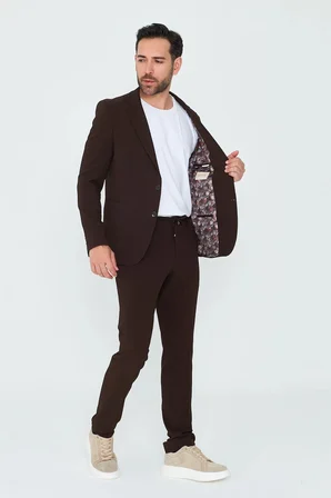 Kahverengi Mono Yaka 6 Drop Regular Fit Jogger Takım Elbise