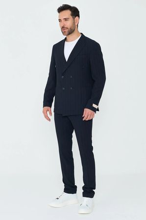 Lacivert Kruvaze İnce Çizgili 6 Drop Regular Fit Takım Elbise