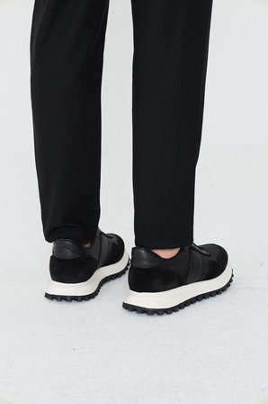 Siyah Hakiki Deri Bağcıklı Yüksek Tabanlı Erkek Sneaker