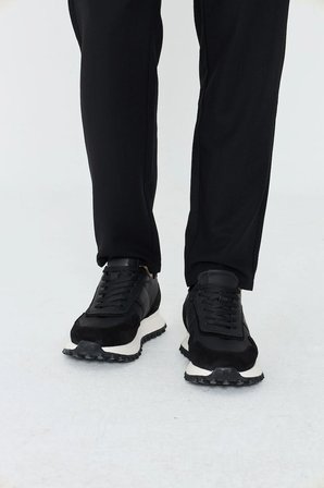 Siyah Hakiki Deri Bağcıklı Yüksek Tabanlı Erkek Sneaker