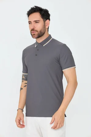 Gri Düğmeli Erkek Polo Yaka Tişört