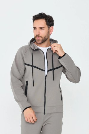 Gri Cepli Kapüşonlu Fermuarlı Erkek Sweatshirt