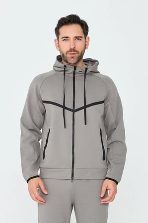 Gri Cepli Kapüşonlu Fermuarlı Erkek Sweatshirt