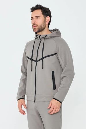 Gri Cepli Kapüşonlu Fermuarlı Erkek Sweatshirt