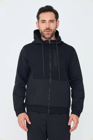 Siyah Kapüşonlu Fermuarlı Erkek Sweatshirt