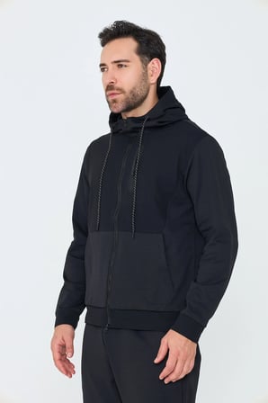 Siyah Kapüşonlu Fermuarlı Erkek Sweatshirt