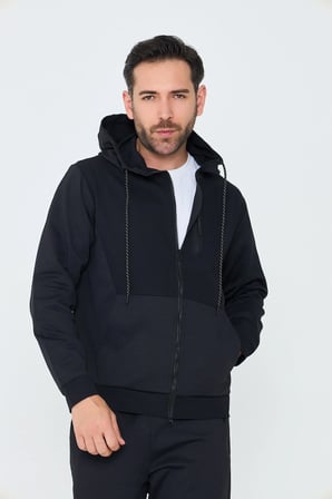 Siyah Kapüşonlu Fermuarlı Erkek Sweatshirt