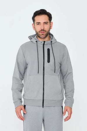 Gri Kapüşonlı Fermuarlı Erkek Sweatshirt