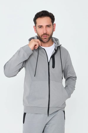 Gri Kapüşonlı Fermuarlı Erkek Sweatshirt