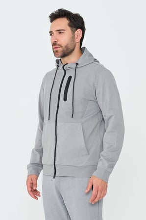 Gri Kapüşonlı Fermuarlı Erkek Sweatshirt