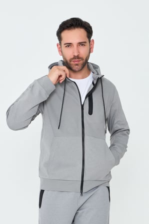 Gri Kapüşonlı Fermuarlı Erkek Sweatshirt