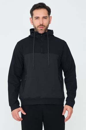Siyah Kapüşonlu Yarım Fermuarlı Yandan Cepli Erkek Sweatshirt