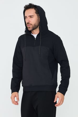 Siyah Kapüşonlu Yarım Fermuarlı Yandan Cepli Erkek Sweatshirt
