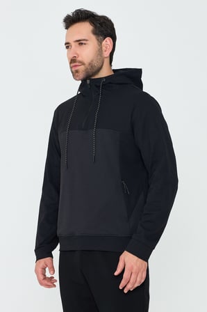 Siyah Kapüşonlu Yarım Fermuarlı Yandan Cepli Erkek Sweatshirt