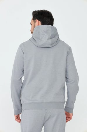 Gri Kapüşonlu Yarım Fermuarlı Yandan Cepli Erkek Sweatshirt