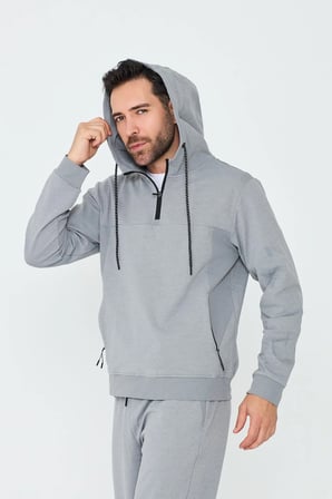 Gri Kapüşonlu Yarım Fermuarlı Yandan Cepli Erkek Sweatshirt