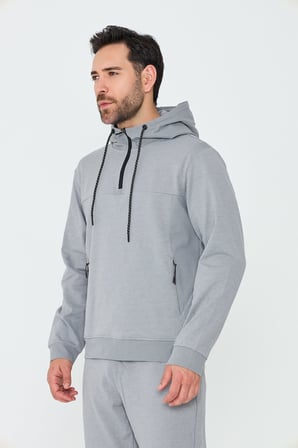 Gri Kapüşonlu Yarım Fermuarlı Yandan Cepli Erkek Sweatshirt