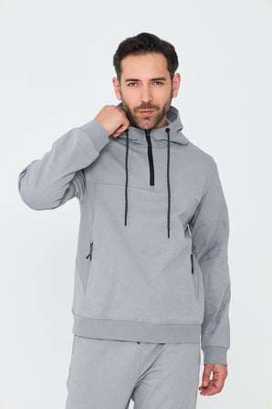 Gri Kapüşonlu Yarım Fermuarlı Yandan Cepli Erkek Sweatshirt