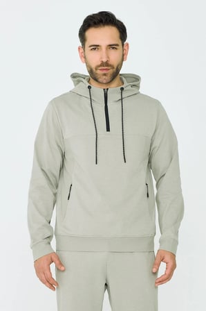 Açık Yeşil Kapüşonlu Yarım Fermuarlı Yandan Cepli Erkek Sweatshirt