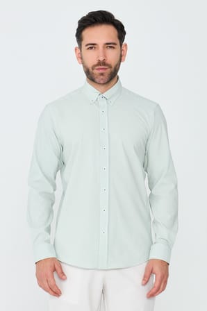Açık Yeşil İnce Çizgili Dynamic Fit Uzun Kollu Erkek Gömlek