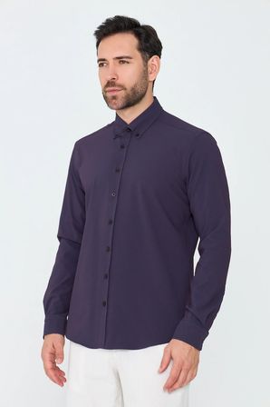 Mor İnce Çizgili Dynamic Fit Uzun Kollu Gömlek
