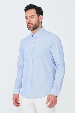 Mavi İnce Çizgili Dynamic Fit Uzun Kollu Erkek Gömlek